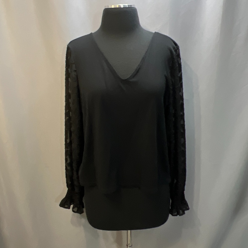 Ann Taylor Blouse Top Women Large Black Rayon Ruffle Sleeve V Neck Everyday Wear